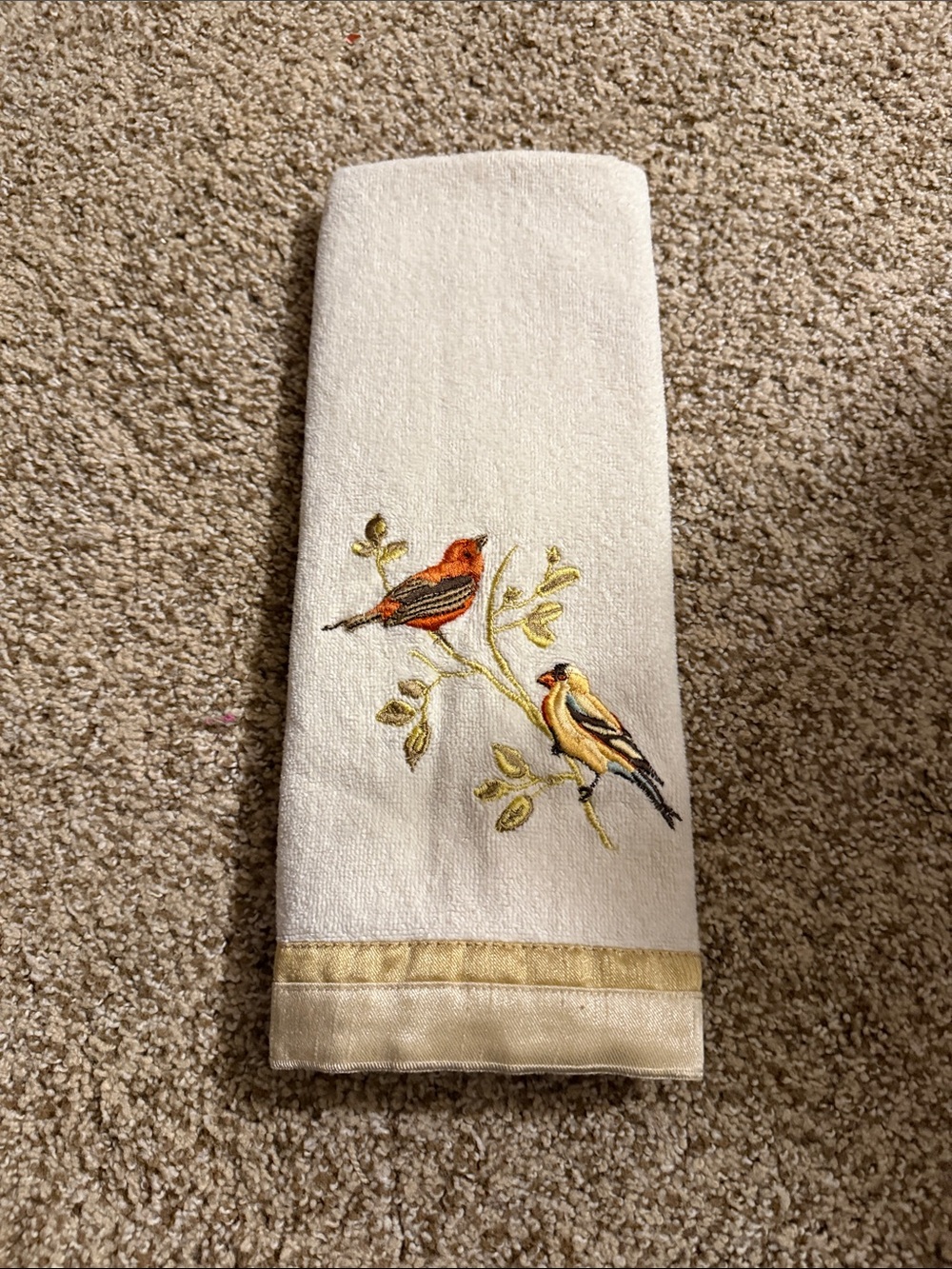 Avanti White Hand Towel with Embroidered Orange and Yellow Birds
